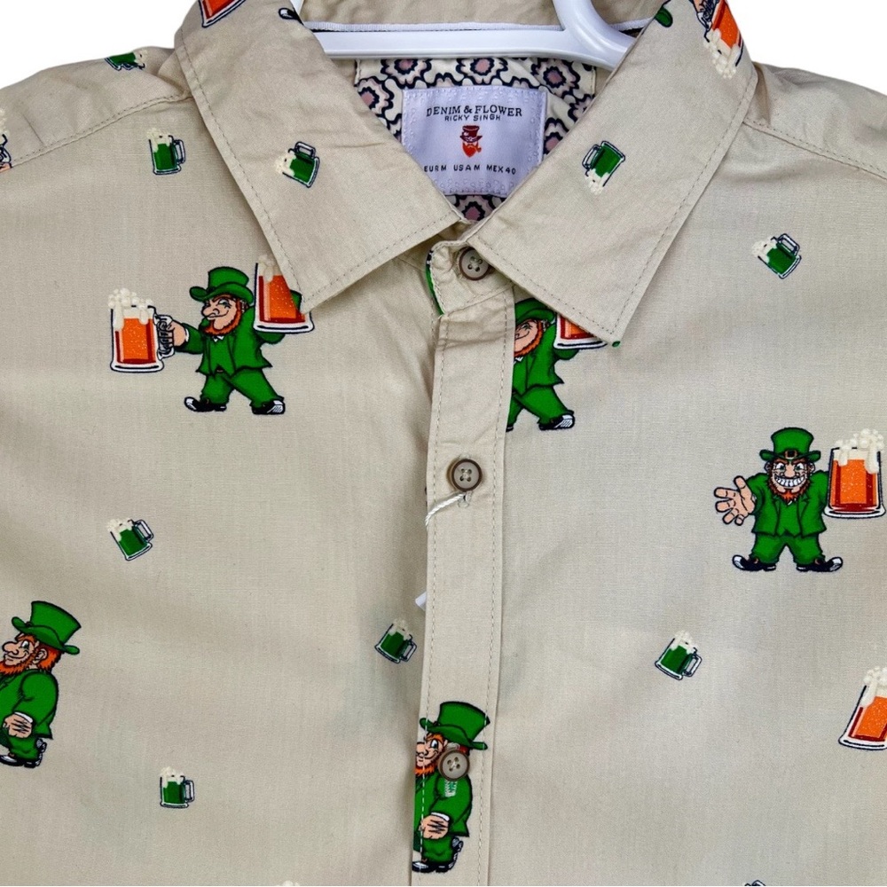 NWT New St Patricks Day Leprechaun Lucky Denim & Flower Ricky Singh Shirt